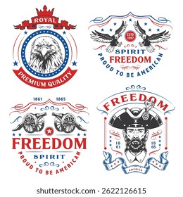 Graphics showcase different symbols of American history featuring an eagle cannons and a pirate. Each design highlights themes of freedom and pride in America visually striking and colorful.
