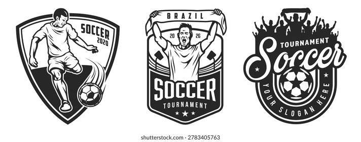 Graphics showcase soccer tournament themes. Elements include soccer players logos and banners. These visuals highlight the excitement of soccer in different styles.
