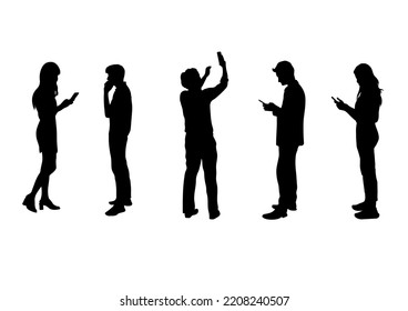 graphics silhouette Business woman and man hold smartphone for connection by technology vector illustration