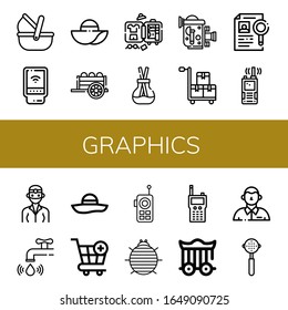 graphics simple icons set. Contains such icons as Moses basket, Detector, Pamela, Cart, Luggage, Scent, Old video camera, Dossier, Walkie talkie, can be used for web, mobile and logo
