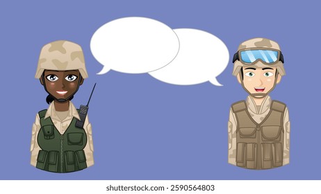 Graphics of a soldier and a female soldier with speech clouds. The characters are dressed in full combat gear, with helmets and bulletproof vests. There are speech bubbles next to the characters.