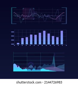 Graphics and sound waves in equalizers, hud interface and infocharts with information. Vector illustration, recording and tuning, visual presentation of data and electronic statistics