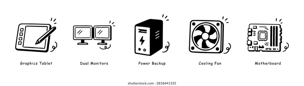 Graphics Tablet, Dual Monitors, Power Backup, Cooling Fan, Motherboard, doodle icon
