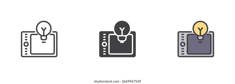 Grafik-Tablet mit Glühbirne Idee in verschiedenen Stil Icon-Set. Linien-, Volumenkörper- und gefüllte Umrissversionen. Farbvektorzeichen und Symbol für Skizze, Konzept und kreatives Symbol.