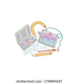 Graphics tablet. Paints, brushes and pencils. Lettering poster. Sticker. Isolated vector object on white background.