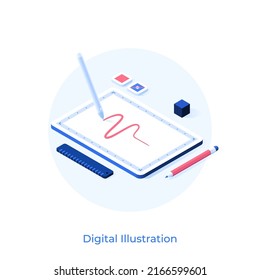 Comprimido gráfico y lápiz o lápiz. Concepto de herramienta o dispositivo artístico electrónico para ilustración digital, arte visual, dibujo y dibujo. Ilustración vectorial moderna en estilo isométrico para banner.