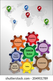 Graphics with teamwork motif with colored sprockets world map and pointers