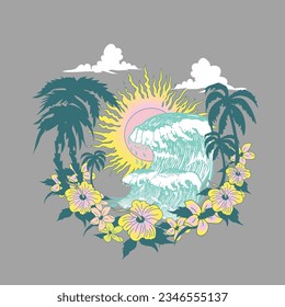 Graphics Tee For summer beach paradise vector prints, Summer vibes tropical graphic print design for t shirt, poster, apparel, fashion, sweatshirt and others.