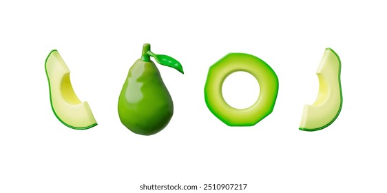 Graphics with tropical avocado. A collection of 3d avocado slices in realistic vector graphics, ready to be used as a side dish for dishes or diet dishes