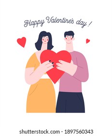 Gráficos del Día de San Valentín, un joven y una chica sosteniendo un gran corazón. Personajes en el concepto de amor