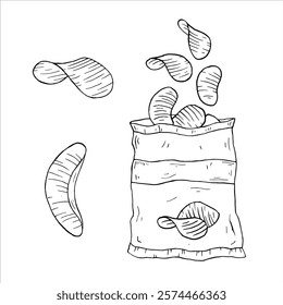 Grafik Vektor schwarzen Umriss Kartoffel-Set mit Chips in einem Paket, Chips. Zwei Ausführungen - mit und ohne Füllung