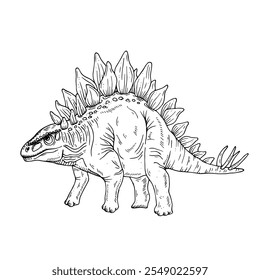 Dinossauro preto e branco do vetor gráfico. Ilustração de linha preta com stegosaurus no estilo de tinta. Duas versões - com e sem preenchimento