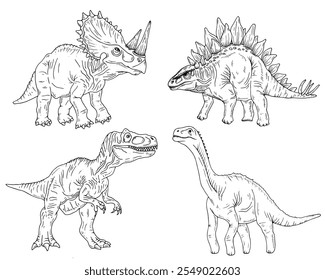 Gráficos Vector dinosaurio blanco y negro. Ilustración de línea negra con tiranosaurio, estegosaurio, diplodocus, triceratops en el estilo de tinta. 