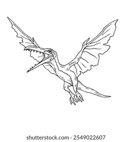 Graphics vector black and white dinosaur. Black line illustration with pterodactyl in the ink style. Two versions - with and without filling