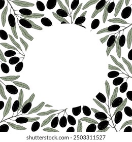 Gráficos Vector botánico marco negro y verde con olivo y hojas. Rama de olivo con aceitunas y hojas
