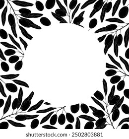Graphics vector botanical black and white frame with olive and leaves. Olive branch with olives and leaves
