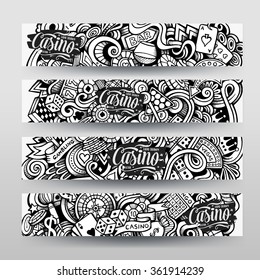 Graphics vector hand drawn sketchy trace Casino Doodle horizontal banner. Design templates set