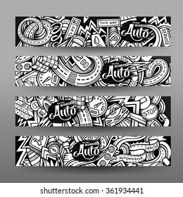 Graphics vector hand drawn sketchy trace Automotive Doodle horizontal banner. Design templates set