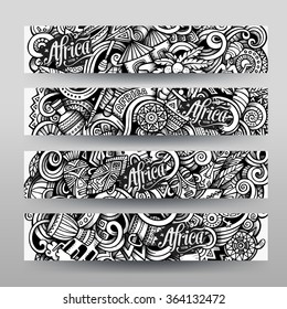 Graphics vector hand drawn sketchy trace Africa Doodle horizontal banner. Design templates set