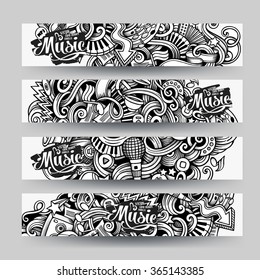 Graphics vector hand drawn sketchy trace Music Doodle horizontal banner. Design templates set