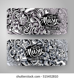 Graphics vector hand drawn sketchy trace Music Doodle horizontal banner. Design templates set