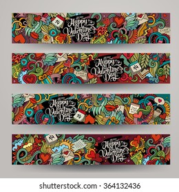 Graphics vector hand-drawn Love and Valentines Doodle. Horizontal colorful banners design templates set
