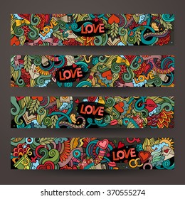 Graphics vector hand-drawn Love and Valentines Doodle. Horizontal colorful banners design templates set