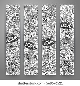 Graphics vector hand-drawn Love and Valentines Doodle. 4 Vertical line art banners design templates set