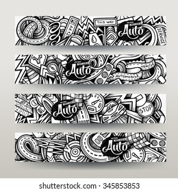 Graphics Vector Hand-drawn Sketchy Trace Automotive Doodle. Horizontal Banners Design Templates Set
