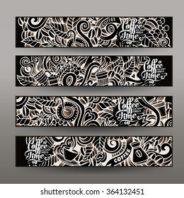 Graphics vector hand-drawn sketchy trace Coffee Doodle. Horizontal banners design templates set