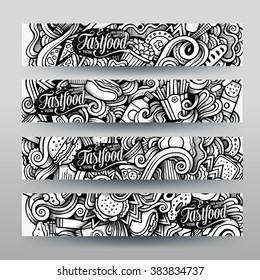 Graphics vector hand-drawn sketchy trace Fastfood Doodle. Horizontal banners design templates set