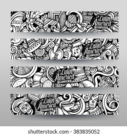Graphics vector hand-drawn sketchy trace Latin American Doodle. Horizontal banners design templates set