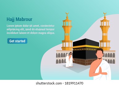 graphics vector illustration Hajj and Umrah prayers near the Ka'bah Vector template. the background of the mosque minaret