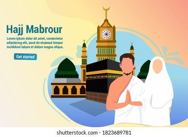 graphics vector illustration Hajj and Umrah prayers near the Ka'bah Vector template. the background of the mosque minaret