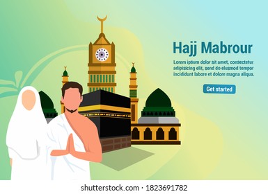 graphics vector illustration Hajj and Umrah prayers near the Ka'bah Vector template. the background of the mosque minaret