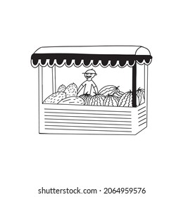 Ilustración vectorial gráfica del contador de stall. El agricultor vende melones y sandías. 
