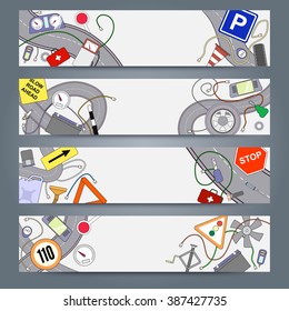 Graphics vector sketchy doodle icons. Horizontal banners design templates set for your bussines