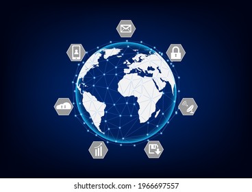 graphics world map on blue background concept The connection network communication system vector illustration