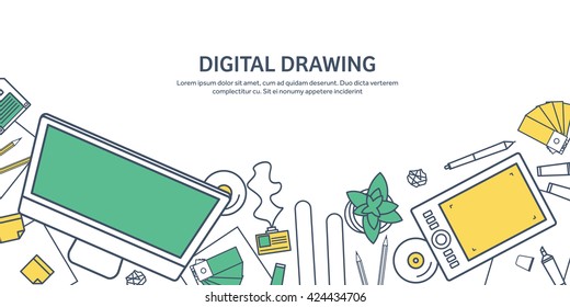 Graphic,web design illustration.Flat outline style.Line art.Designer workplace with tools.Web development,user interface design.UI.Digital drawing.Graphic design trends,ideas.Motion graphic software