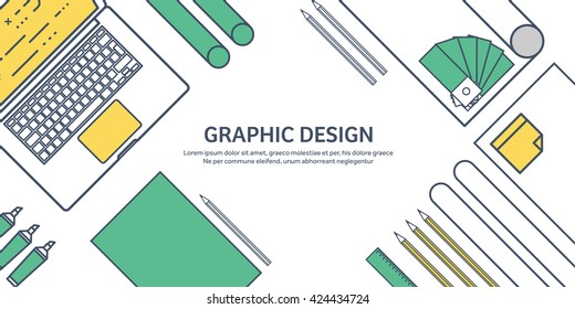 Graphic,web design illustration.Flat outline style.Line art.Designer workplace with tools.Web development,user interface design.UI.Digital drawing.Graphic design trends,ideas.Motion graphic software
