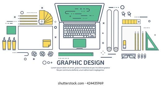Graphic,web design illustration.Flat outline style.Line art.Designer workplace with tools.Web development,user interface design.UI.Digital drawing.Graphic design trends,ideas.Motion graphic software