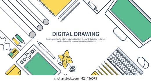 Graphic,web design illustration.Flat outline style.Line art.Designer workplace with tools.Web development,user interface design.UI.Digital drawing.Graphic design trends,ideas.Motion graphic software