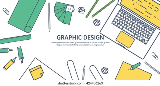 Graphic,web design illustration.Flat outline style.Line art.Designer workplace with tools.Web development,user interface design.UI.Digital drawing.Graphic design trends,ideas.Motion graphic software