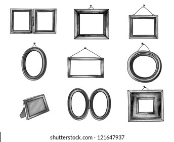 Graphite Frames - Set of hand drawn picture frames in pencil-gray color palette, line art