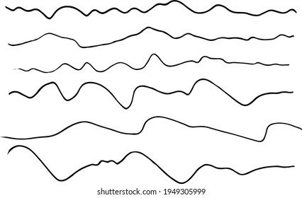 Graphite hand drawn liner pencil vector wavy lines illustration. Doodle style set of waves strokes, brushes monochrome pen marker scribble vintages ornament decoration. Isolated on white background