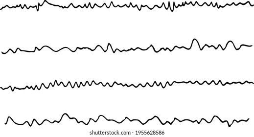 Ilustración de líneas onduladas del vector del lápiz dibujado a mano. Conjunto de formas de doodle de ondas pinceladas, pinceles monocromo marca de pluma garabatos vintage decoración de adorno. Aislado sobre fondo blanco