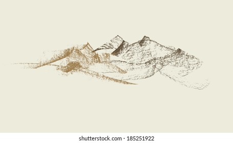 Graphite hand drawn mountains vector illustration. Eps and Hi-res jpg included.