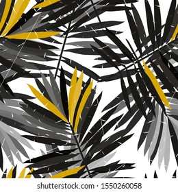 Graphite Palm Tree Vector Seamless Pattern. Black Modern Banana Pattern Miami Design. Amber Foliage Modern Print. Graphite Monstera Tree Texture