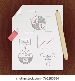 Graphite pencil anr eraser on a white sheet of writing paper with a curved corner. An paper page with a hand drawn chart and diagram with a lead pencil and rubber. Mockup with stationery for marketing