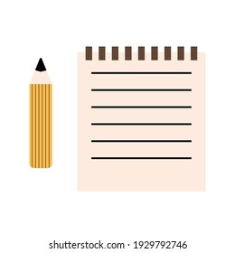 Graphite pencil and lined paper notebook, school supplies, stationery, vector icon in flat style on a white background.